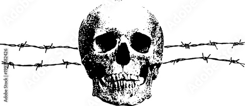 High contrast black and white skull with barbed wire and halo composition for poster background and tattoo design