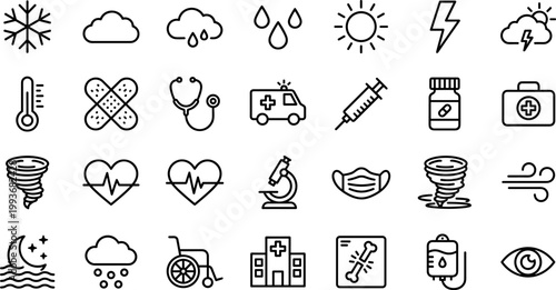 A set of black line icons on a white background, depicting various symbols for weather conditions, health, and medical related items, with a minimalist and modern aesthetic