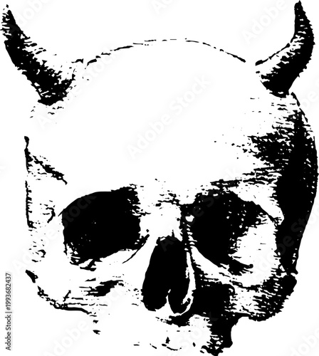Devil horn human skull high contrast black and white ink artwork for dark poster background and tattoo design