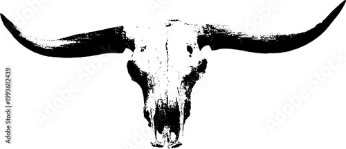 Longhorn cattle skull high contrast black and white ink artwork for western poster background and logo design