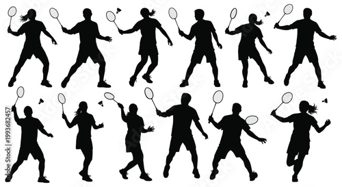 A group of badminton players in dynamic poses are depicted in a striking black silhouette high quality professional detailed modern elegant