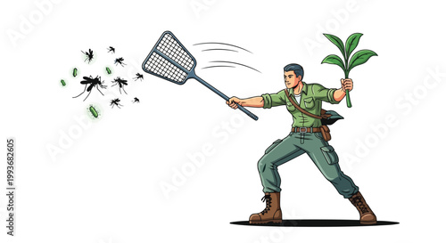 Field worker using mosquito swatter and plant bundle to protect against malaria in rural areas isolated on white background