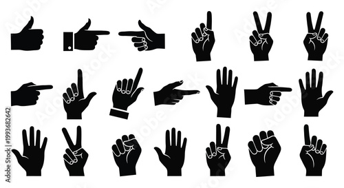 A collection of black hand gestures depicting various signs and directions presented as a striking silhouette high quality professional detailed modern