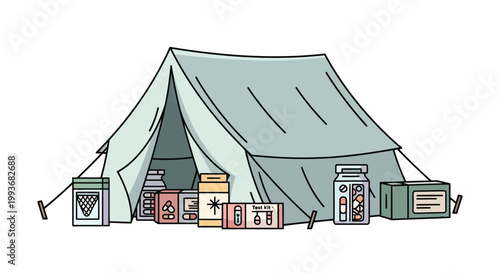 Medical field tent equipped with diagnostic test kits and supplies for malaria screening camps isolated on white background