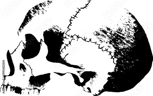 Skull with stitched cracks black and white ink high contrast for poster tattoo and apparel design