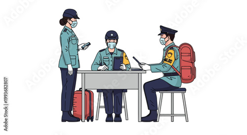 Airport security personnel checking documentation for travelers during health crisis illustration isolated on white background