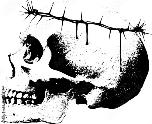 Side view skull with thorn crown and dripping wax high contrast black and white ink for poster and tattoo design
