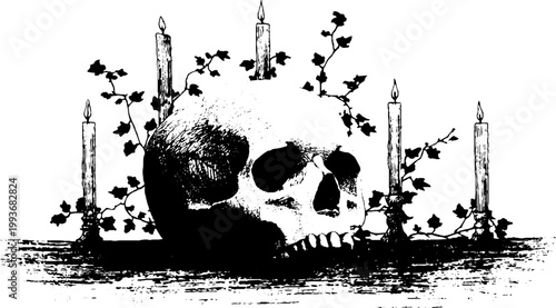 Skull with thorn vines and multiple candles high contrast black and white ink for poster and tattoo design