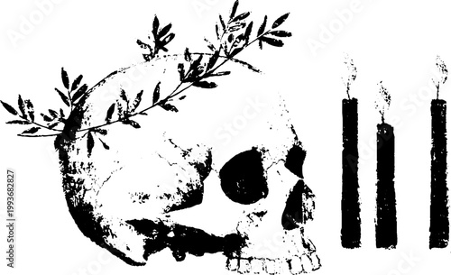 Human skull with thorn vines and three candles high contrast black and white ink for poster and tattoo design
