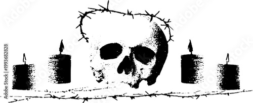 High contrast black and white skull with thorn vines and candles for gothic poster background and macabre banner design