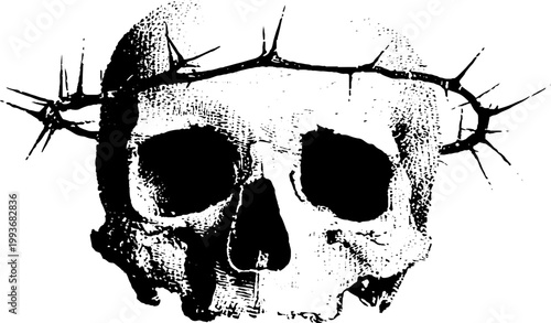 Human skull with thorn crown high contrast black and white ink for poster and tattoo design