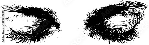 Stippled high contrast black and white sleep deprived closed eyes ink illustration for beauty poster and editorial design