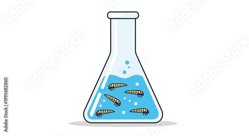 Glass laboratory flask filled with blue liquid and mosquito larvae for scientific research isolated on white background