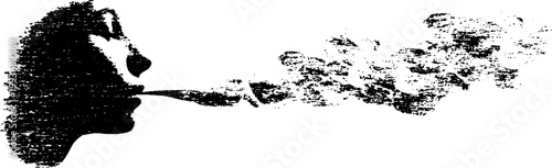 High contrast black and white ink silhouette of a woman exhaling smoke spirit for poster background and abstract banner design