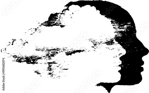 Double profile high contrast black and white ink silhouette with smoke cloud merging into a second face for abstract poster and banner design
