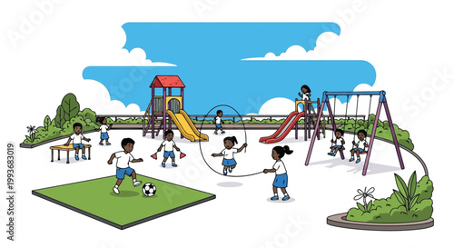 Diverse group of children playing together in modern outdoor public playground vector illustration isolated on white background