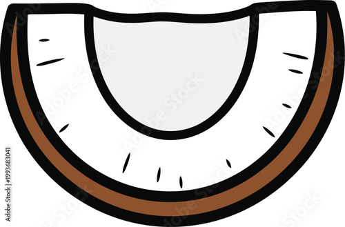 Stylized cartoon slice of coconut with brown husk and white flesh
