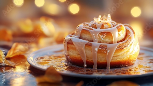 Sweet cinnamon roll with icing on a white plate surrounded by autumn leaves