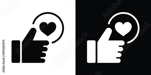 Social media engagement icon featuring a thumbs up gesture with a heart symbol. Represents approval, like, positive feedback, and customer satisfaction. Modern flat vector graphic for UI applications.