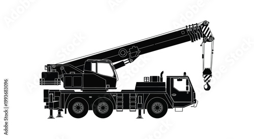 A detailed black silhouette of a mobile crane with an extended boom and cable showcasing industrial power silhouette high quality professional