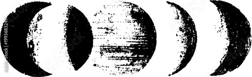 Distressed lunar crescent phases high contrast black and white sequence for poster background and banner design