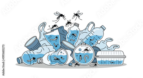 Heap of plastic waste in environment attracting mosquitoes and dangerous larvae breeding isolated on white background