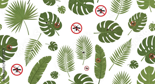 Tropical leaf pattern with mosquito warning symbols for health and disease prevention isolated on white background