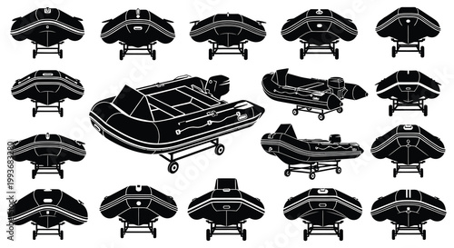 A collection of inflatable boats depicted in black showcasing various designs and perspectives a silhouette high quality professional detailed modern