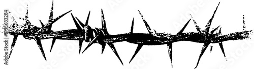 Barbed thorny horizontal spine strip in high contrast black and white ink for banner background and stencil tattoo art with rugged texture
