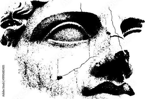 Cracked statue bust closeup high contrast black and white eye detail for poster and texture design