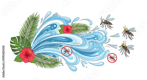 Tropical water splash flushing away mosquitoes to represent effective mosquito control methods isolated on white background