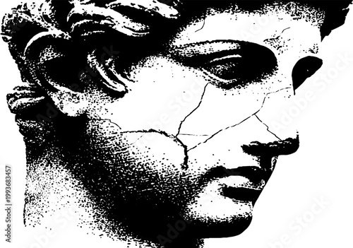 Cracked classical bust profile with visible cracks high-contrast black and white portrait for poster background and graphic design