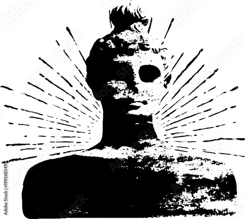 Ancient bust with radiating sacred rays high contrast black and white statue silhouette for poster and background design