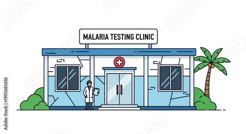 Doctor standing in front of a modern malaria testing clinic with medical staff and palm tree isolated on white background