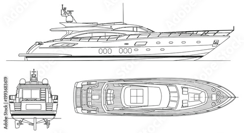 Detailed architectural drawings depict a luxury yacht from side front and top views showcasing its elegant design silhouette high quality professional