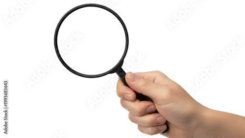IA generated hand holding magnifying glass isolated on white background. Discovery, research, search and analysis concept. Human hand with loupe for business, audit and investigation. 3D render.