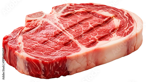 IA generated raw ribeye steak isolated on white background. Fresh wagyu beef meat with high marbling fat texture. Premium uncooked entrecote for BBQ, grill and gourmet restaurant menu. 3D render.