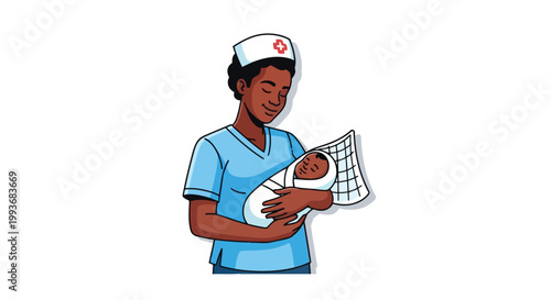 Nurse holding a newborn baby wrapped in a protective mosquito net in a clinical setting isolated on white background