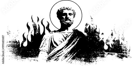 Statue with halo and flames high contrast black and white ink artwork for poster background and album cover design