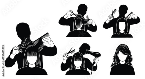 A black and white illustration depicts barbers and clients showcasing various hairstyles and grooming techniques silhouette high quality professional detailed modern