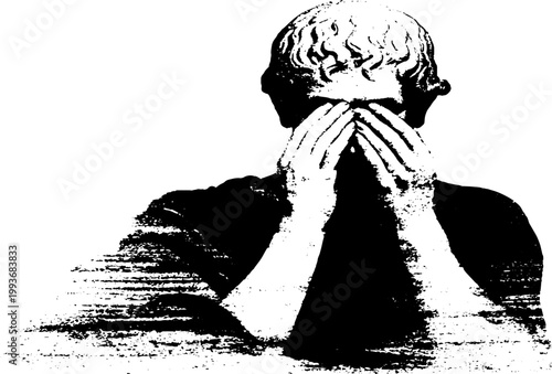 Statue with covered face black white ink illustration high contrast grief expression classical sculpture for poster background and emotional design