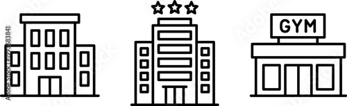 A set of three simple line style building icons, featuring a hotel with three stars, an office building, and a gym, all in a minimalist design