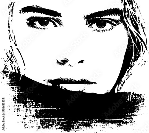 High contrast black and white ink closeup woman's face with textured edge and bold gaze for poster and portrait background design