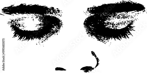 High contrast black and white ink closeup of closed eyes and nose with textured lashes for background and poster design
