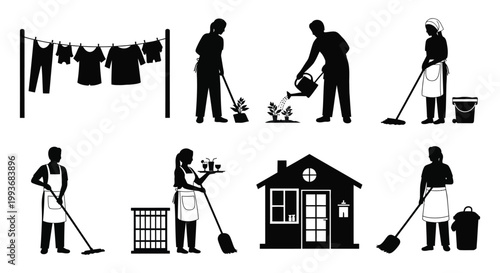A black silhouette depicts domestic scenes of chores gardening and serving portraying everyday life and tasks silhouette high quality professional detailed
