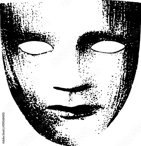 Tragic theater mask high contrast black and white ink illustration of a full face for grunge poster and theatrical background design