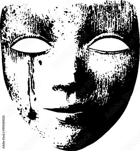 Tragic theater mask high contrast black and white ink illustration with tear drip detail for dramatic poster and theatrical background design