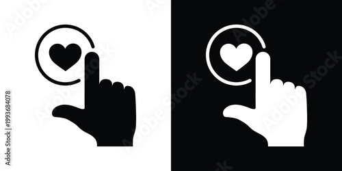 An interactive touch or pointing gesture towards a heart in a circle. Represents user engagement, selection, liking, or clicking a favorite button. Ideal for mobile app design and UI interactions.