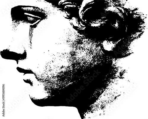 Grainy black and white venus side profile with a single black tear and ink texture for melancholic poster and artwork background