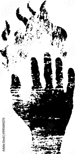 High contrast black and white witch hand with flame sigil distressed ink texture for occult poster and ritual artwork